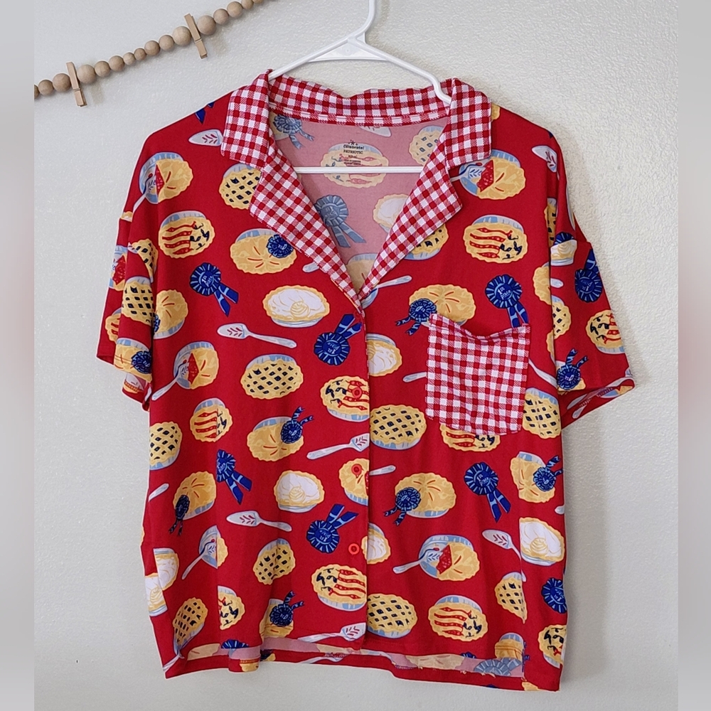Blue Ribbon Pie Contest Red White Blue Holiday Summer Pajama Short Sleeve Top